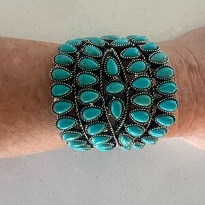 Boho Turquoise Statement Cuff Bracelet Silver Tone Southwestern Style